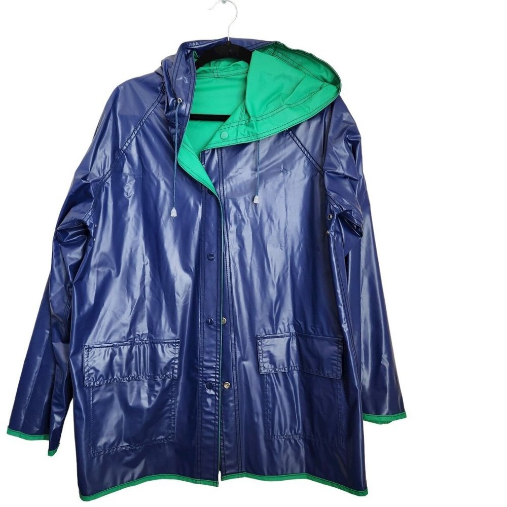 Rare Vintage 70s Interpur Vinyl Blue Green Reversible Rain‎ Jacket Size M